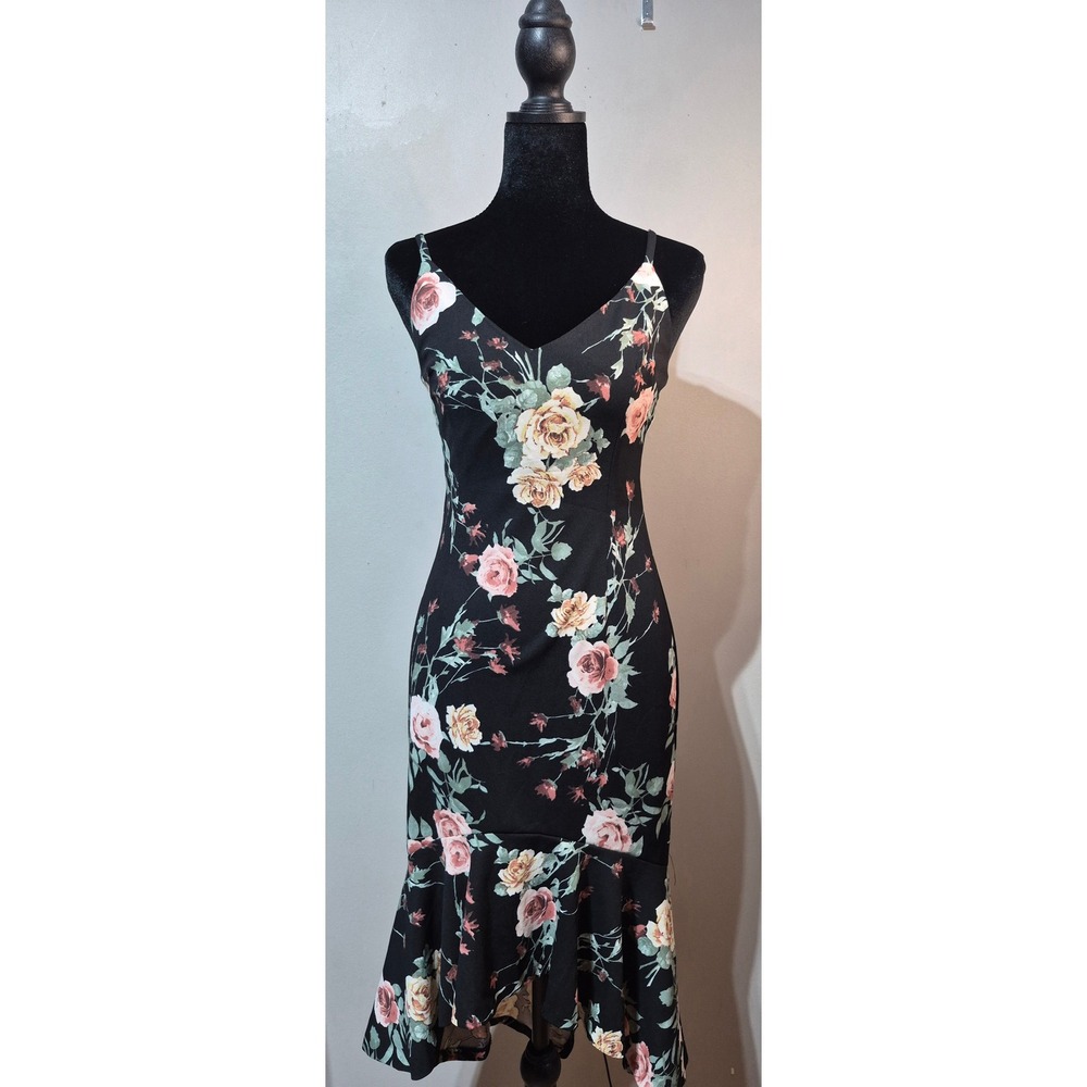 AQUA Women Black Floral High Low Ruffle Mermaid Midi Dress Small WO-6390 NWT
